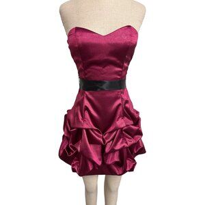 Vintage Ruby Rox Strapless Burgundy Satin Dress Black Waistband Ruffle Skirt 5